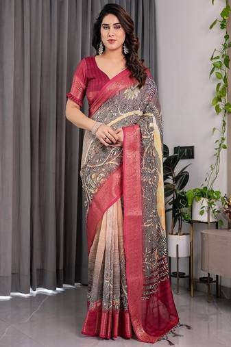 Wine digital floral prints And zari woven Work Linen Saree