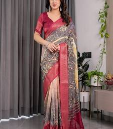 Wine Color digital floral prints And zari woven Work Linen Saree