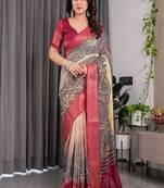 Wine Color digital floral prints And zari woven Work Linen Saree