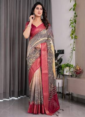 Wine Color digital floral prints And zari woven Work Linen Saree 2