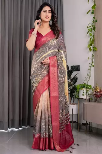 Wine Color digital floral prints And zari woven Work Linen Saree