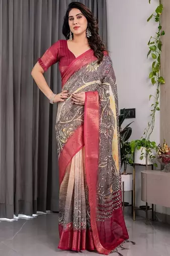 Wine Color digital floral prints And zari woven Work Linen Saree
