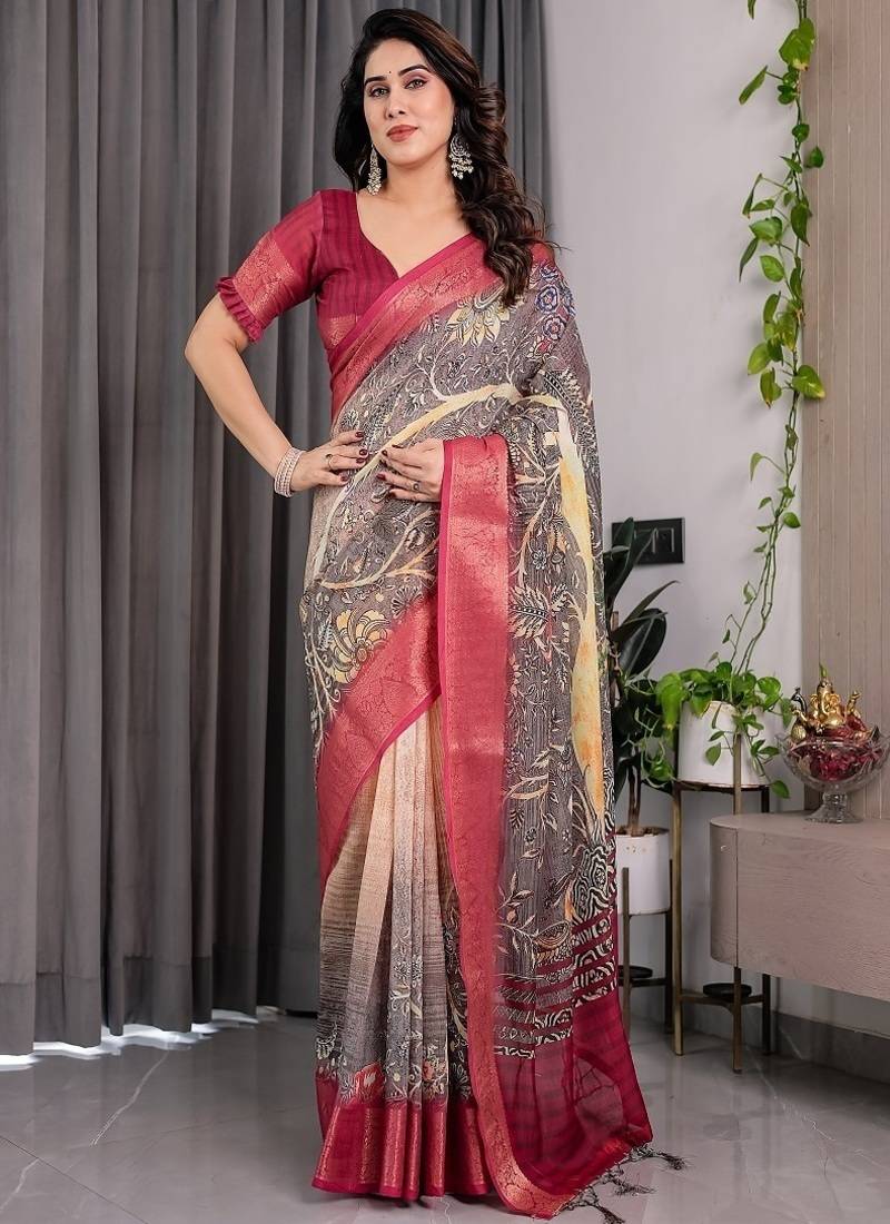Wine Color digital floral prints And zari woven Work Linen Saree