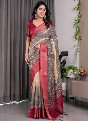 Wine Color digital floral prints And zari woven Work Linen Saree 4