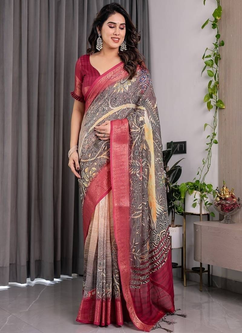 Wine Color digital floral prints And zari woven Work Linen Saree