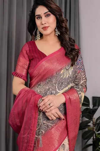 Wine Color digital floral prints And zari woven Work Linen Saree