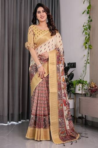 Yellow digital floral prints And zari woven Work Linen Saree