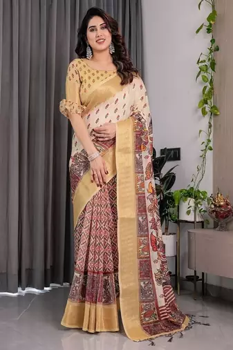 Yellow digital floral prints And zari woven Work Linen Saree