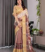 Yellow Color digital floral prints And zari woven Work Linen Saree