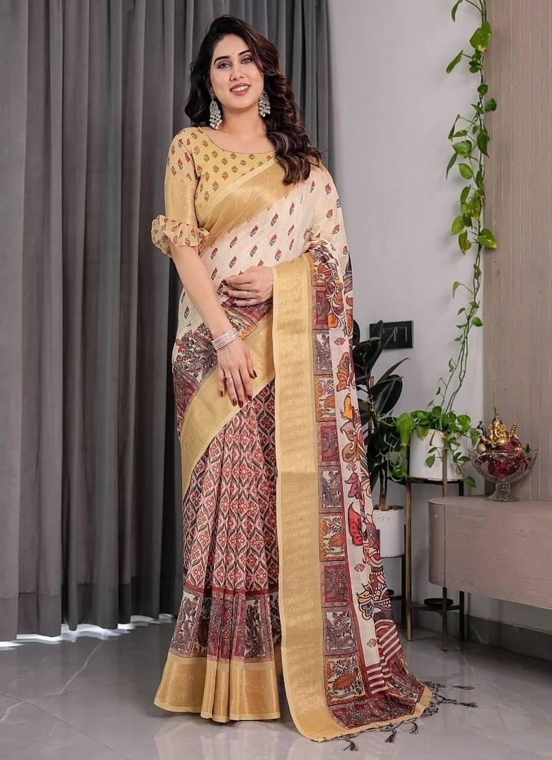Yellow Color digital floral prints And zari woven Work Linen Saree