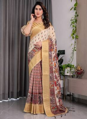 Yellow Color digital floral prints And zari woven Work Linen Saree 2