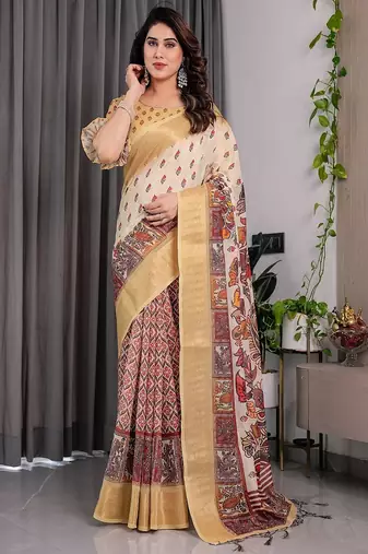 Yellow digital floral prints And zari woven Work Linen Saree
