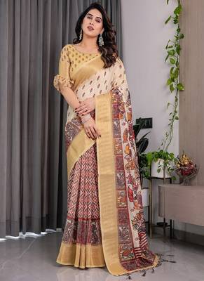 Yellow Color digital floral prints And zari woven Work Linen Saree 3