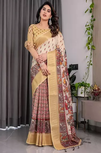 Yellow digital floral prints And zari woven Work Linen Saree