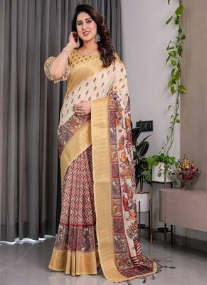 Yellow Color digital floral prints And zari woven Work Linen Saree 4