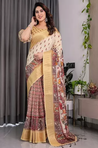 Yellow digital floral prints And zari woven Work Linen Saree