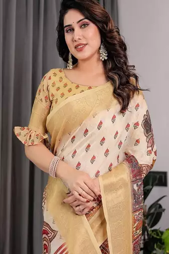Yellow digital floral prints And zari woven Work Linen Saree