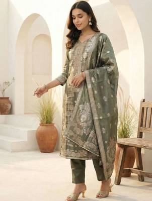 Women Ethnic Motifs Regular Thread Work Kurta with Trousers & With Dupatta 1