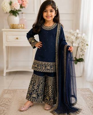 Navy blue faux georgette rich embroidery with sequence work dress set for girls kids 1
