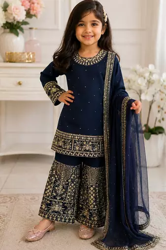 Navy blue faux georgette rich embroidery with sequence work dress set for girls kids