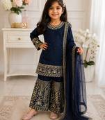 Navy blue faux georgette rich embroidery with sequence work dress set for girls kids