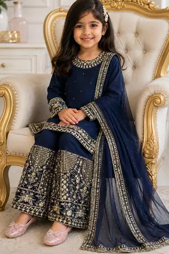 Navy blue faux georgette rich embroidery with sequence work dress set for girls kids