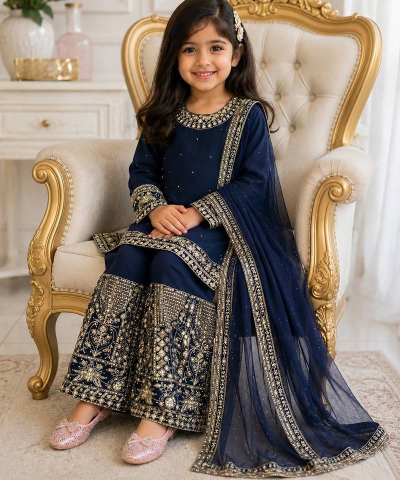Navy blue faux georgette rich embroidery with sequence work dress set for girls kids