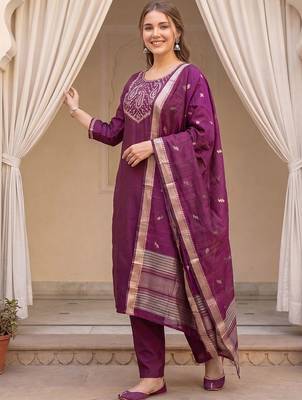 Women Ethnic Motifs Embroidered Regular Thread Work Kurta with Trousers & With Dupatta 1