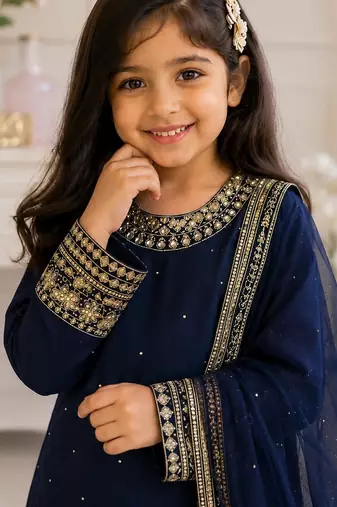 Navy blue faux georgette rich embroidery with sequence work dress set for girls kids