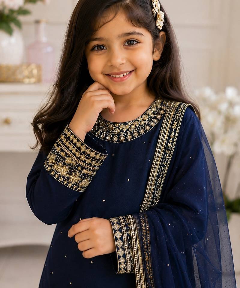 Navy blue faux georgette rich embroidery with sequence work dress set for girls kids