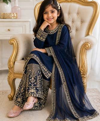 Navy blue faux georgette rich embroidery with sequence work dress set for girls kids 4