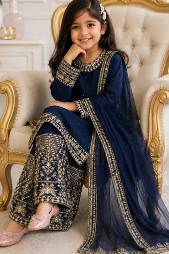 Navy blue faux georgette rich embroidery with sequence work dress set for girls kids