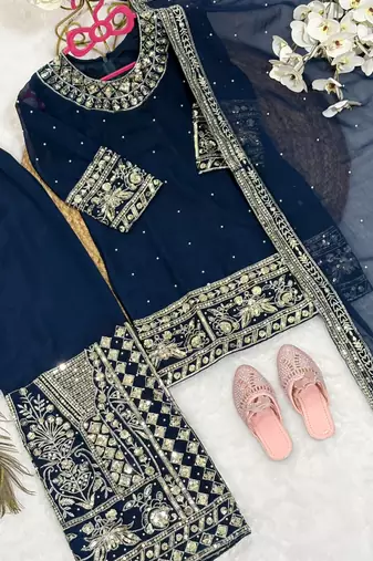 Navy blue faux georgette rich embroidery with sequence work dress set for girls kids