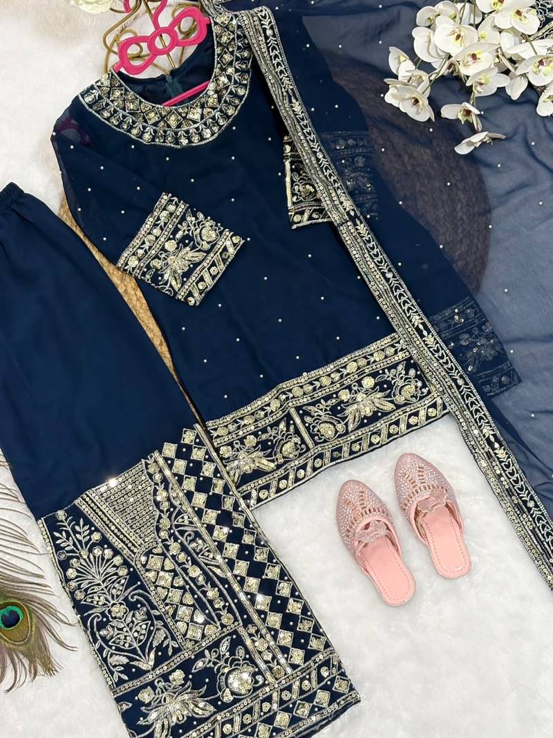 Navy blue faux georgette rich embroidery with sequence work dress set for girls kids