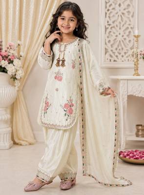 White japan satin rich embroidery with sequence work dress set for girls kids 1