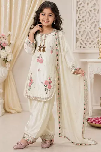 White japan satin rich embroidery with sequence work dress set for girls kids
