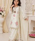 White japan satin rich embroidery with sequence work dress set for girls kids