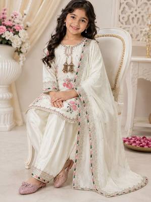 White japan satin rich embroidery with sequence work dress set for girls kids 2