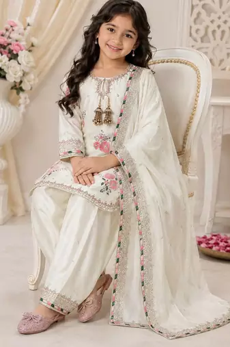 White japan satin rich embroidery with sequence work dress set for girls kids