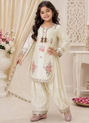 White japan satin rich embroidery with sequence work dress set for girls kids 3