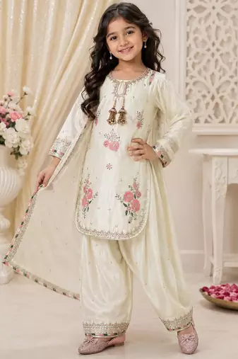White japan satin rich embroidery with sequence work dress set for girls kids