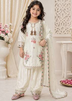White japan satin rich embroidery with sequence work dress set for girls kids 4