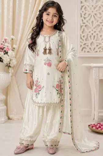 White japan satin rich embroidery with sequence work dress set for girls kids