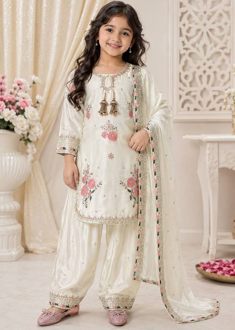 White japan satin rich embroidery with sequence work dress set for girls kids