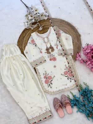 White japan satin rich embroidery with sequence work dress set for girls kids 5