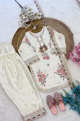 White japan satin rich embroidery with sequence work dress set for girls kids