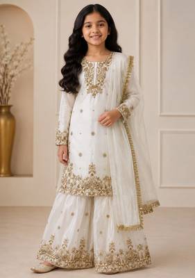 White fendi silk rich embroidery with sequence work dress set for girls kids 1