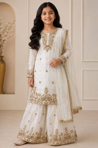 White fendi silk rich embroidery with sequence work dress set for girls kids