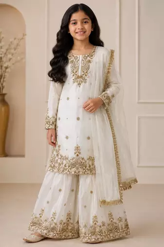 White fendi silk rich embroidery with sequence work dress set for girls kids