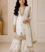White fendi silk rich embroidery with sequence work dress set for girls kids